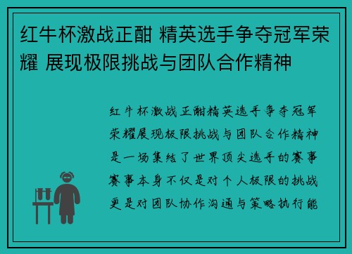 红牛杯激战正酣 精英选手争夺冠军荣耀 展现极限挑战与团队合作精神